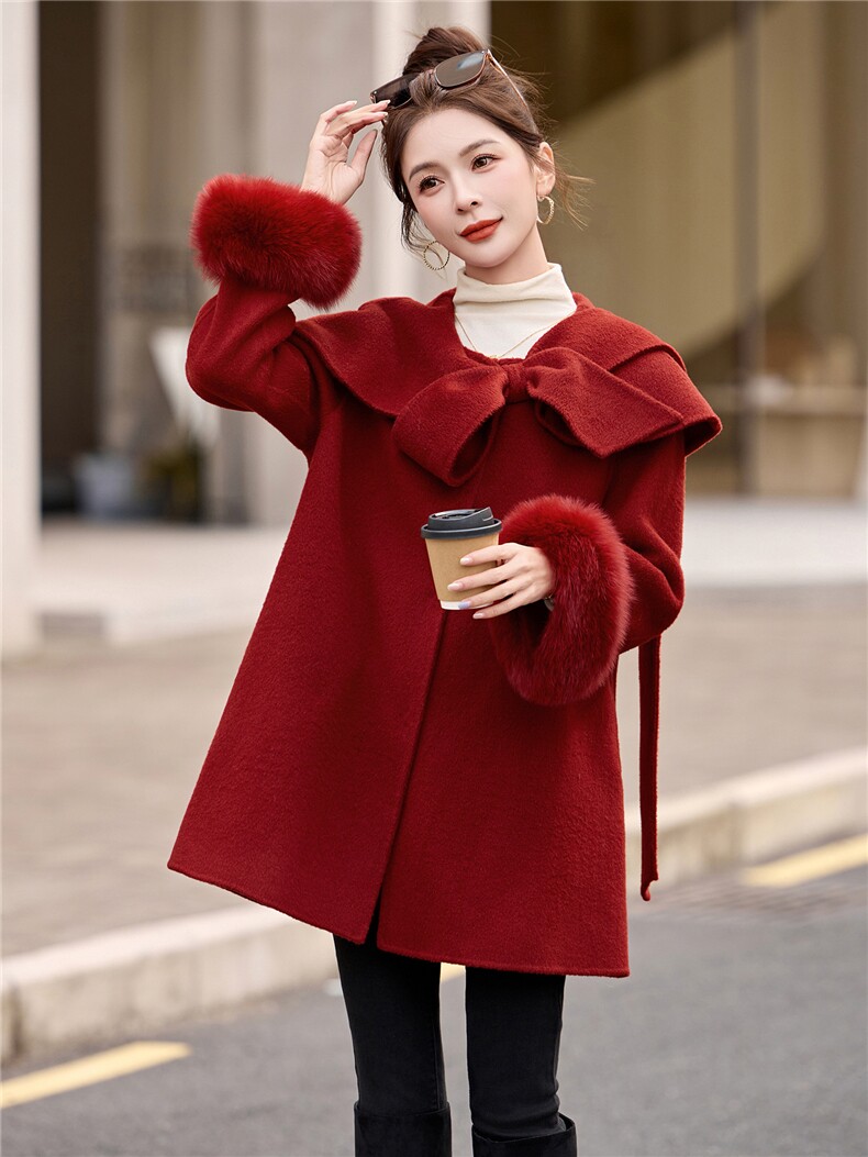 狐狸毛可脱卸双面羊毛大衣女2025年冬季新款优雅气质中长款毛呢,女装毛呢外套,玖莱伊