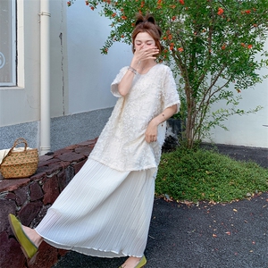 法式宽松巨显瘦小众裙子潮女2025夏季新款气质提花拼接雪纺连衣裙图片