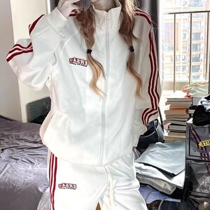 秋款设计感撞色拼接拉链短款男女外套阔腿裤两件套装TZ777 P84图片