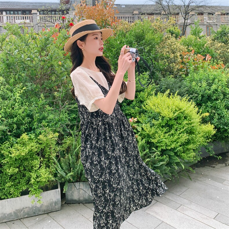 法式复古吊带连衣裙女夏季2025新款气质雪纺碎花长裙子,女装连衣裙,帛香坊