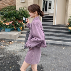 紫色复古牛仔套装裙女2025春季新款超好看减龄小个子半身裙两件套，女装套装/套裙，2C206