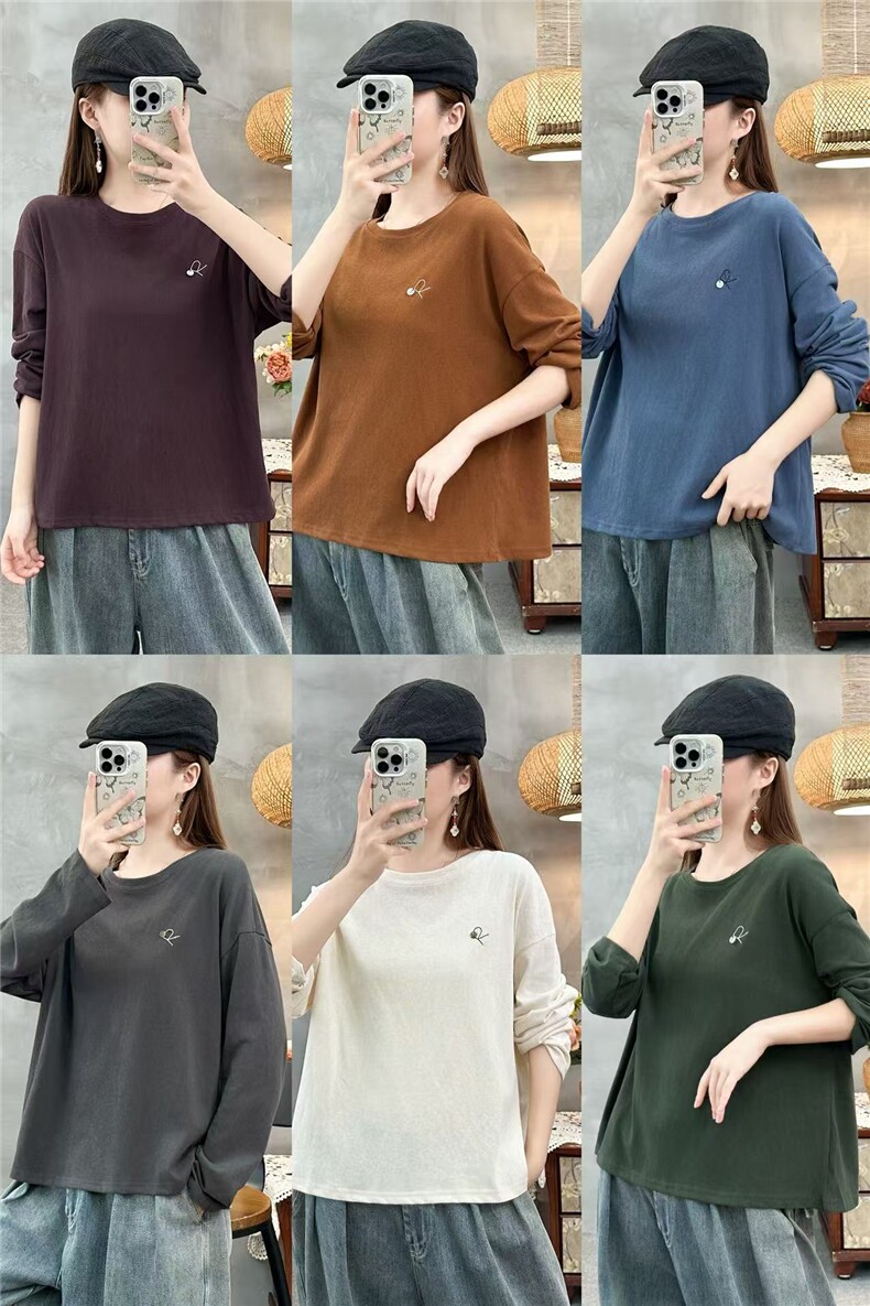 2025舒适百搭简约秋冬刺绣R圆领长袖打底时尚潮流，女装T恤，湘姗