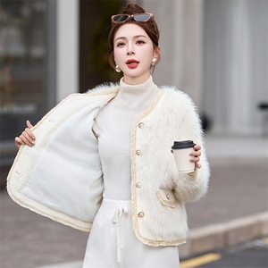 小香名媛风皮毛一体外套女2024冬新款气质短款毛茸茸环保皮草上衣图片