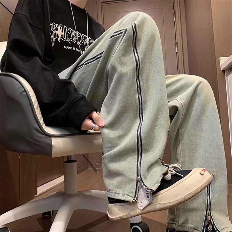 黄泥色牛仔裤男设计感拉链开叉高街阔腿美式复古K1509-P50,男装牛仔裤,星座1109-3