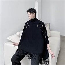 新款高领针织衫男圆环装饰流苏斗篷毛衣A452--MY25，男装针织衫/毛衣，电商A452