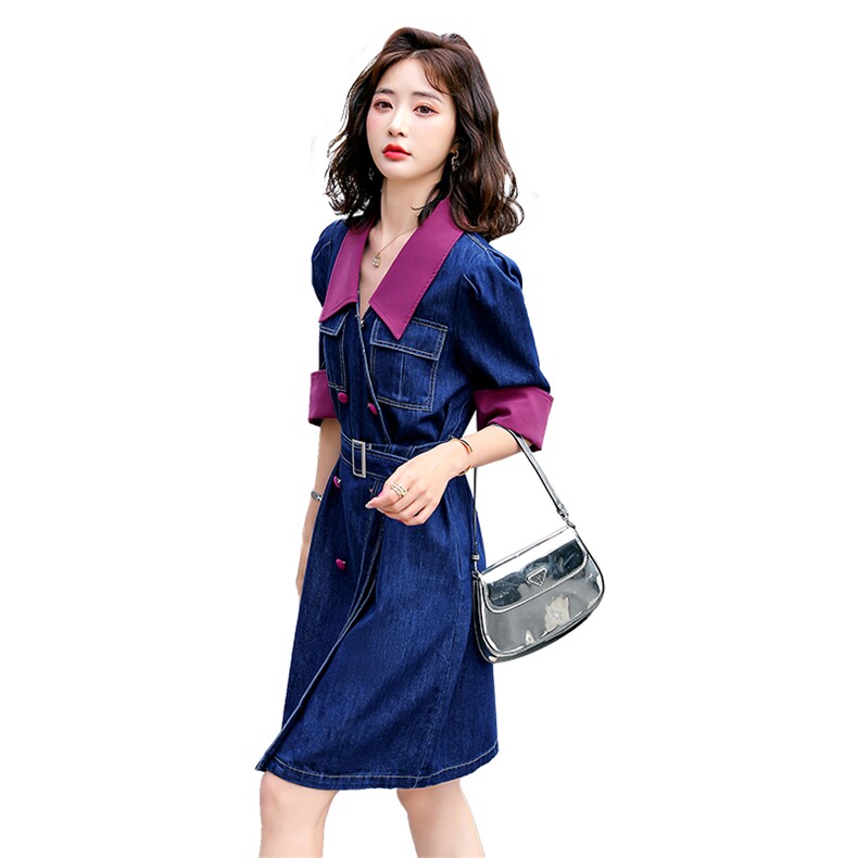 2022年春季潮流时尚有范新颖气质甜美拼色牛仔连衣裙,女装连衣裙,冬木谷雨