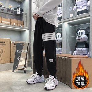 K2052-P45加绒P50宽松中性男女休闲束脚卫裤四条杠情侣运动长裤图片