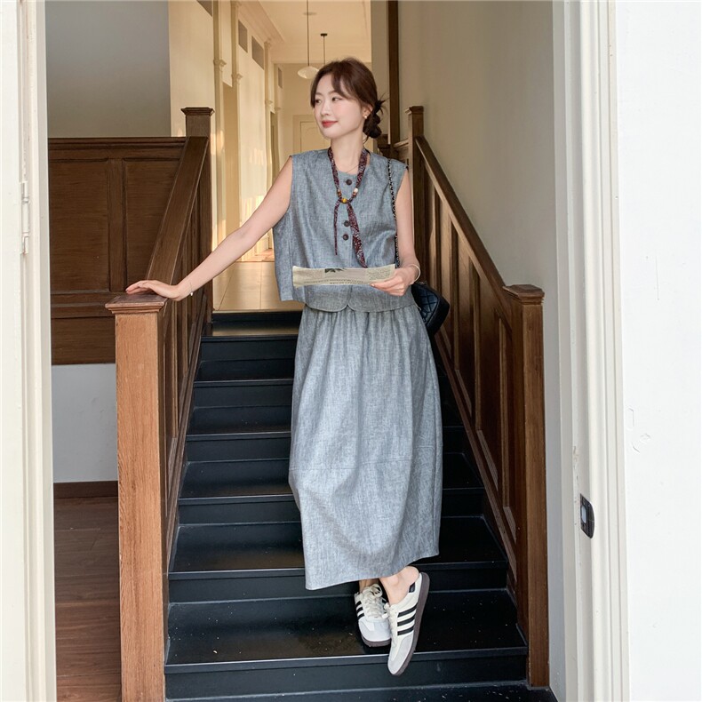 现货P185-K279老钱风2026高级感马甲半身裙亚麻两件套配领带,女装套装/套裙,网红馆