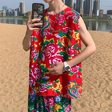 夏季大码东北大花布男背心坎肩运动马甲男装风民族牡丹花MJ01，男装背心/马甲，星座115A(原星座507）