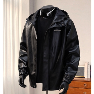 1港风模特连帽鳄鱼纹PU皮衣大码休闲冲锋衣夹克男JK8744P90控128图片