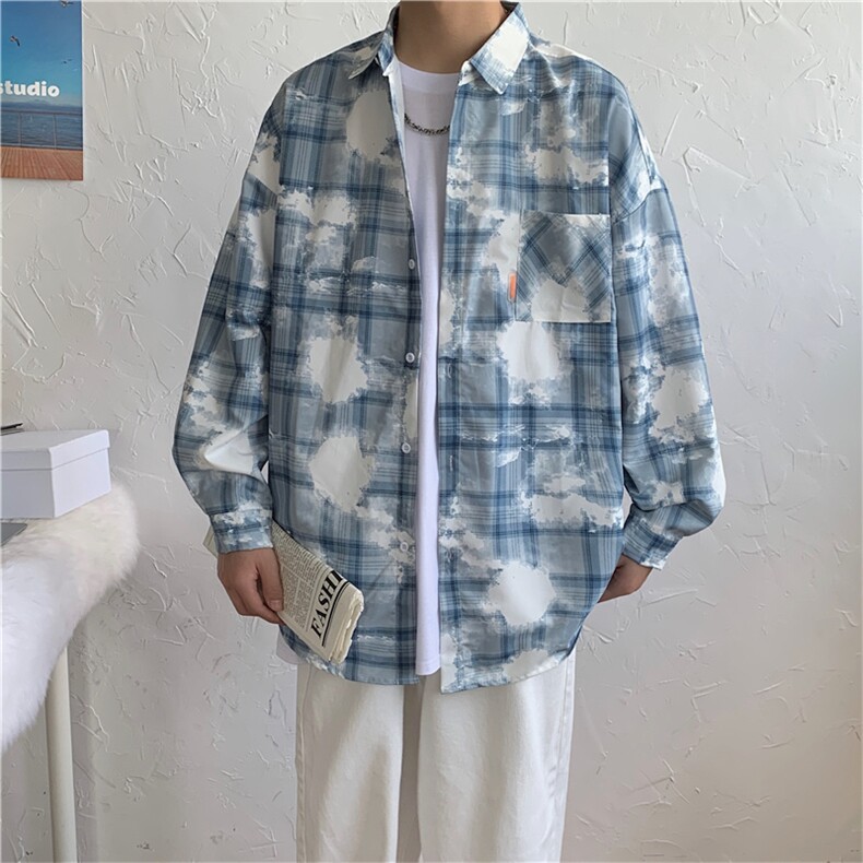 外套春秋扎染衬衫韩版潮流衣服ins青少年休闲港风格纹W1566-P35,男装衬衫,星座512-4