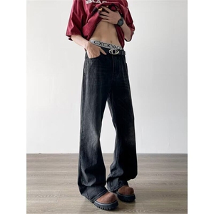 2025新款黑灰色牛仔裤直筒微喇裤潮牌男青年显瘦现货K8463-P46图片