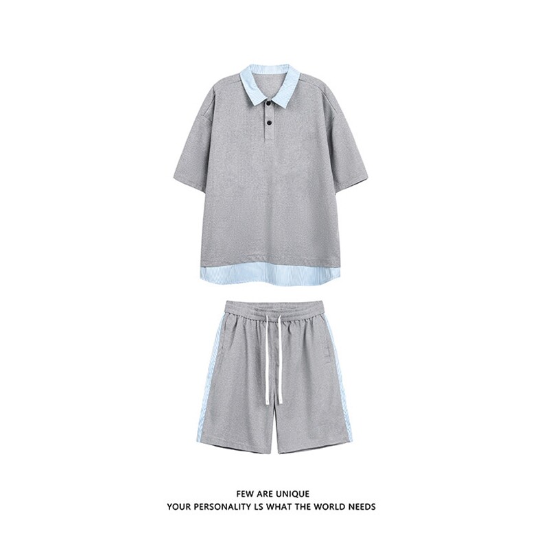 抖音品质夏季新款假两件短袖POLO衫潮牌休闲套装男-A2119TP50控78,男装T恤,电商B241