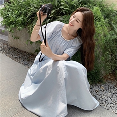 独特绝美高级感蓝色连衣裙女夏2025年新款超好看温柔气质收腰长裙，女装连衣裙，2C129