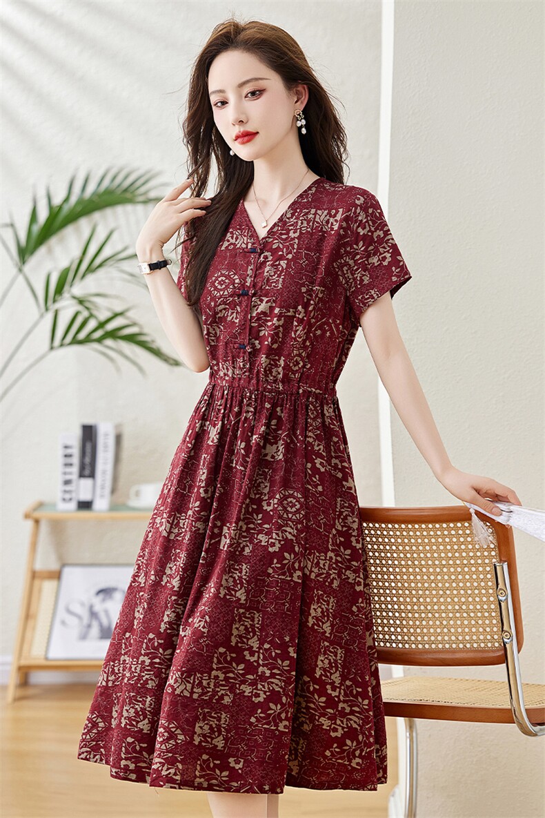 复古印花棉麻连衣裙女2025夏季新款气质V领收腰显瘦中式盘扣裙子,女装连衣裙,倪叶myz