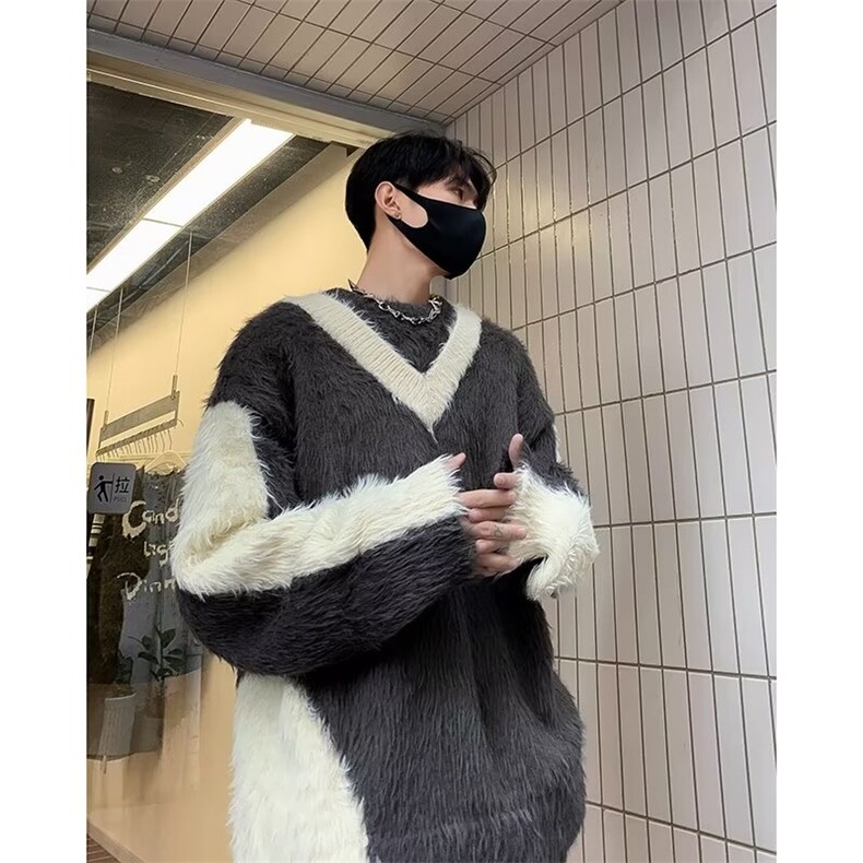 撞色拼接海马毛毛衣男2026秋冬新款高街针织衫美式外套~MY9185,男装针织衫/毛衣,星座601-1