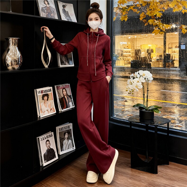 女春季新款时尚慵懒风套装红色拉链开衫连帽长袖外套阔腿裤两件套，女装套装/套裙，江南