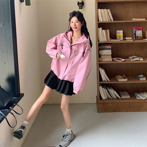 粉色超好看减龄工装外套女2025春新款韩版宽松小个子百搭连帽上衣图片
