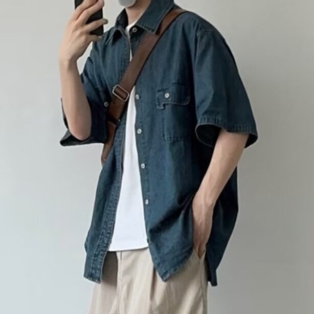 蓝色衬衫男短袖复古水洗做旧美式工装风宽松潮衬衣图片
