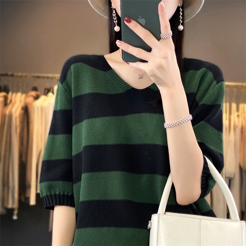 女士秋冬打底短袖针织衫V领纯棉套头条纹简约，女装针织衫/毛衣，品高羊绒