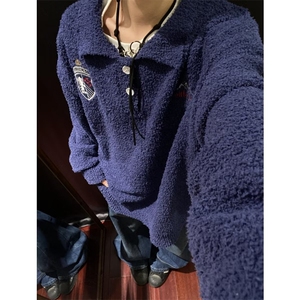 刺绣polo领毛衣男款冬季宽松针织衫毛绒翻领情侣外套 M8857图片