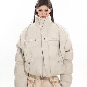 美式短款PU皮立领棉服外套男冬季加厚面包服棉衣图片