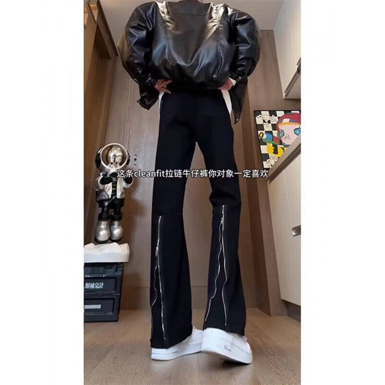 黑色拉链牛仔裤男款痞帅高街微喇裤潮牌vibe直筒裤子WL20733-P40,男装牛仔裤,星座1008