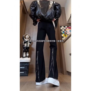 黑色拉链牛仔裤男款痞帅高街微喇裤潮牌vibe直筒裤子WL20733-P40图片