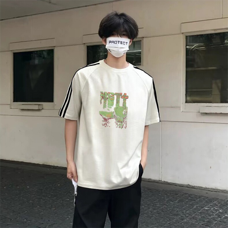 抖音得物高品质二开240克宽松纯棉美式潮牌三条杠织带短袖T恤，男装T恤，电商A486-1