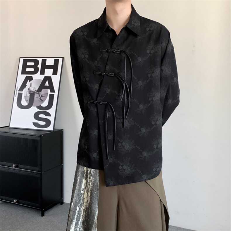 秋季新中式汉服暗纹不对称男女唐装汉服印花复古上衣盘扣长袖外套，男装民族服装，星座909