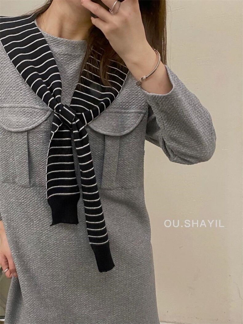 韩版双口袋泡泡针织面料连衣裙，女装连衣裙，晶晶