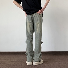 美式设计感长裤潮牌直筒链条牛仔裤潮炸街泥黄色裤子男C27/P58，男装牛仔裤，电商B381-1