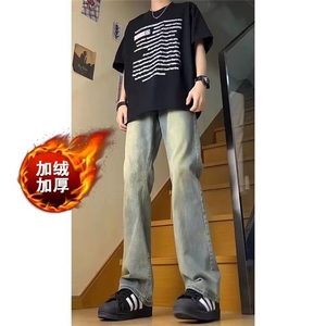 复古蓝弯刀牛仔裤男款夏季美式hiphop裤子高街微喇直筒裤水洗加绒图片