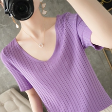 时尚V领短袖针织衫显瘦修身百搭毛衣夏季单品，女装针织衫/毛衣，暖姿羊绒