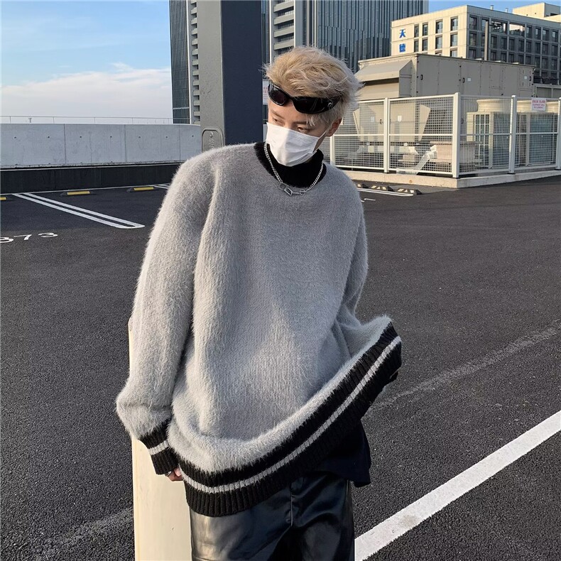半高领条纹毛衣男冬季马海毛慵懒风针织衫潮牌宽松高级感外套,男装针织衫/毛衣,星座410-6（原星座1304-1）