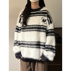 【有货】DM121-特P58美式仿水貂绒毛衣男秋冬季条纹圆领针织衫，男装针织衫/毛衣，星座603-2