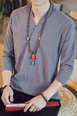 7022-春夏中国风七分袖T恤棉麻大码复古短袖打底衫QT715-灰，男装T恤，钱塘715