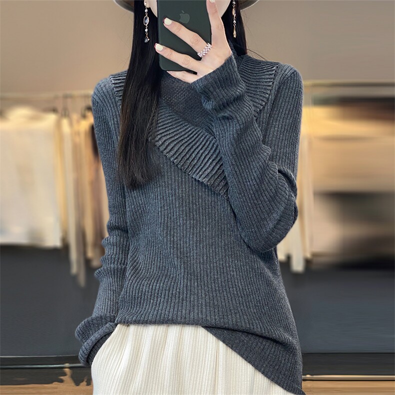 2024新款抽条半高领精纺羊毛针织衫女薄款显瘦内搭修身打底衫上衣,女装羊毛衫,总能电商供货
