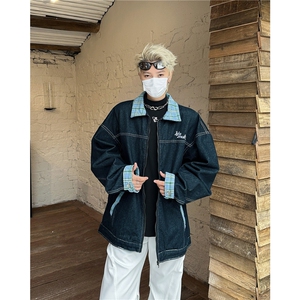 美式复古撞色格纹夹克牛仔外套男秋季新款宽松百搭休闲高级感上衣,男装工装外套,星座813-2