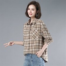 2021年春季POLO领格子衬衫女通勤韩版宽松磨毛衬衣外套，女装衬衫，伊满意