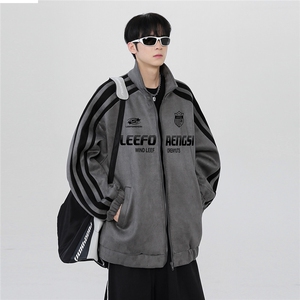 春季新款美式側条纹棒球服男麂皮绒夹克高街痞帅运动外套潮p68图片