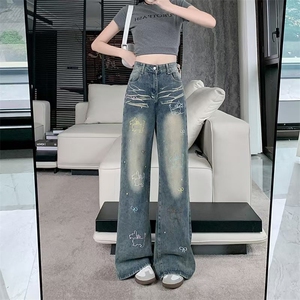 复古刺绣直筒牛仔裤女新款设计感高腰显瘦窄版阔腿长裤1图片