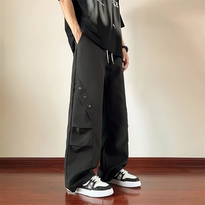 纯色折叠工艺工装裤绣花金属装饰黑色杏色M-2XL KH203图片