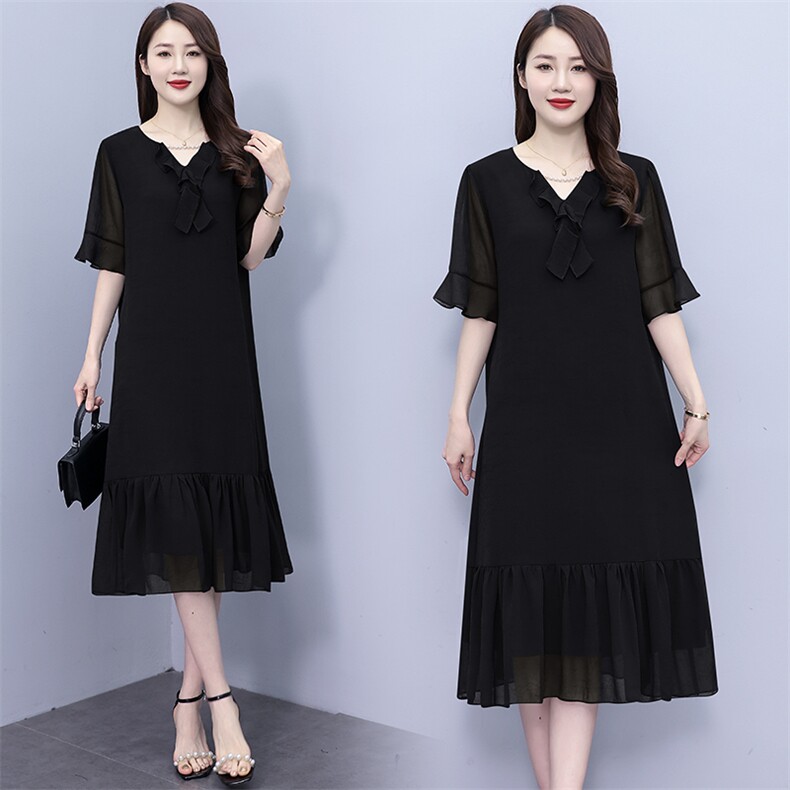 （现货）雪纺连衣裙胖mm显瘦遮肚子200斤胖妈妈洋气显瘦宽松a字裙，女装连衣裙，深妍伊美