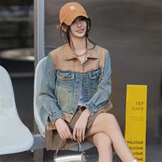 美式复古翻领休闲拼接牛仔外套又酷又飒独特超好看夹克上衣女，女装牛仔外套，美拉德工厂直营店