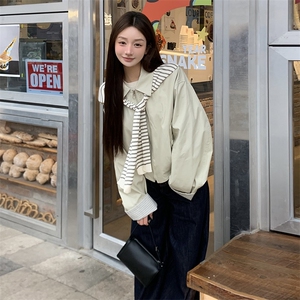 条纹披肩翻领浅卡其外套女春秋2025新款高级感夹克上衣韩版超好看,皮衣搭配连衣裙图片女图片