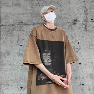 B239-1083-P38 美式做旧个性人像 宽松落肩袖青少年宽松短袖T恤男图片