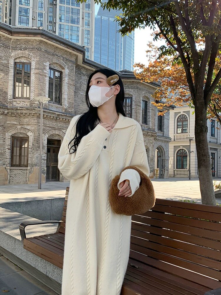 长袖针织连衣裙翻领女宽松百搭纯色羊毛休闲秋冬,女装连衣裙,思途羊绒