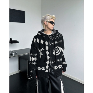 菱形格连帽开衫毛衣慵懒男生秋冬外套韩系小香风针织衫MZ743-P73图片