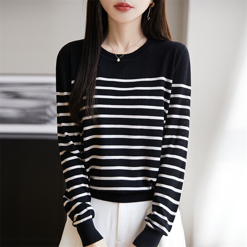 精纺细羊毛薄款条纹针织打底衫女圆领宽松休闲通勤套头毛衣内搭潮,针织衫/毛衣,朝思羊绒